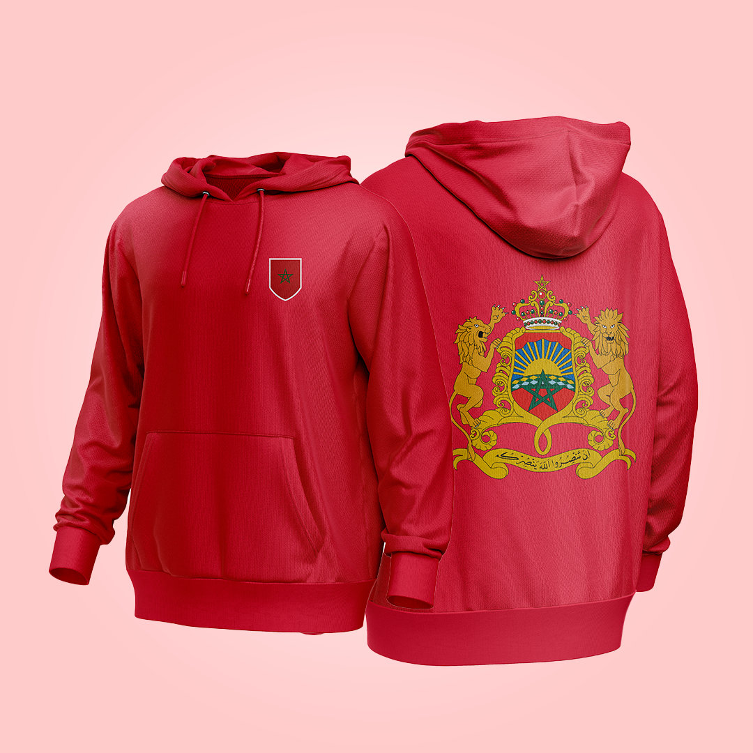 Hoodie rouge Maroc avec blason royal marocain au dos et étoile verte à l’avant
